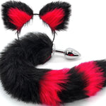 Anal Plug Fox Tail With Ear 15.74-Inch-Long Sexual Anus Tail Butt Plug Cosplay Game Black & Red Sex Toy For Women Men