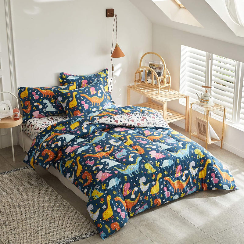 6 Piece Twin Size Bed In A Bag, Colorful Dinosaur On Navy Design, Microfiber C