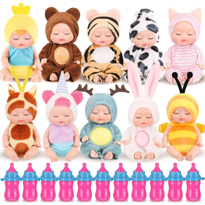 10 Pcs 4 Inch Mini Baby Dolls Realistic Baby Doll Animal Clothes Cute Tiny