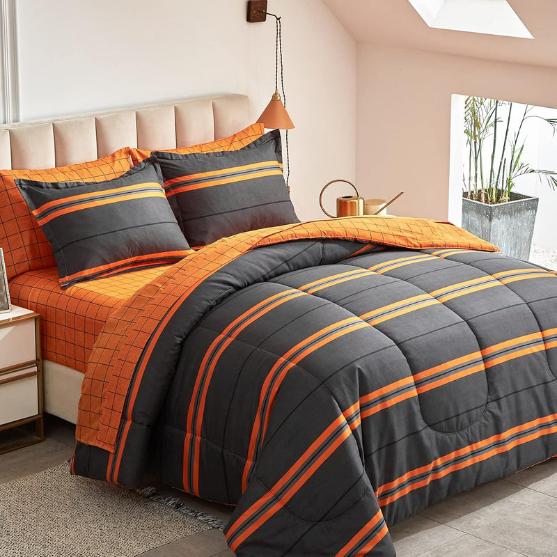 Boho Striped Halloween Bed In A Bag 6 Pieces Twin Size, Ombre Bright Orange St