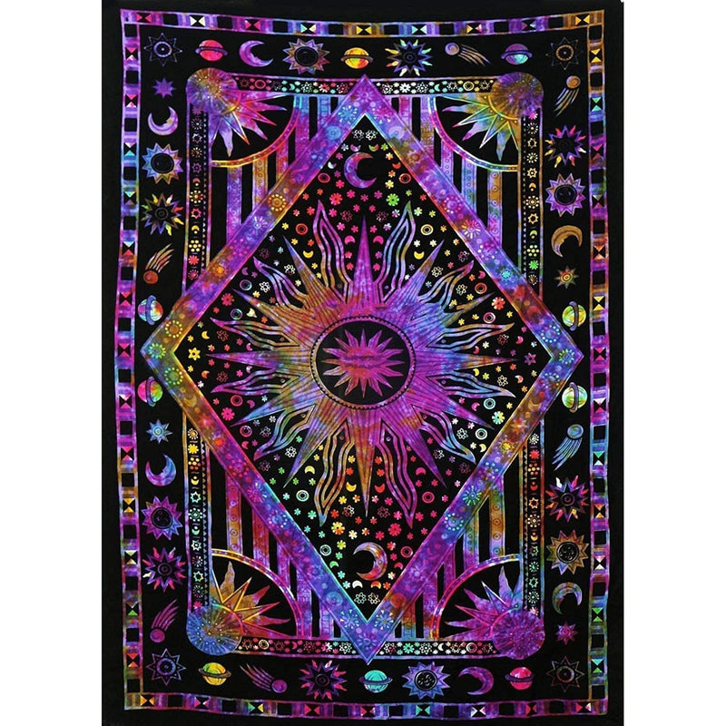 Burning Sun Tie Dye Tapestry, Celestial Sun Moon Star Planet Bohemian Poster T