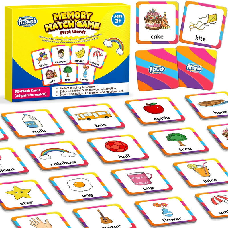 Aizweb First Words Match Game,Memory Game,52 Pcs Toddler Baby Flash Cards,E