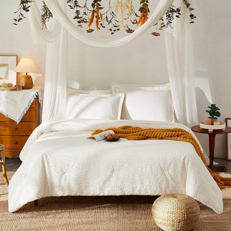 Queen Comforter Set, Bed In A Bag Ivory White 7-Pieces, Botanical Pattern, All