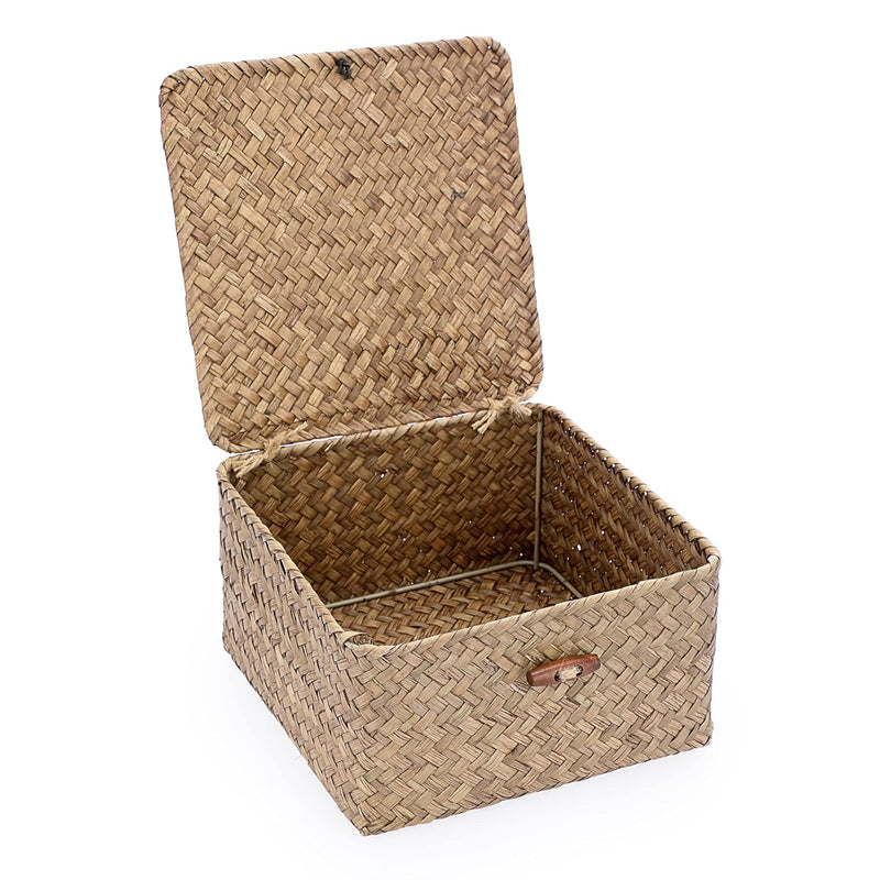 Wicker Shelf Baskets Bin With Lid Handwoven Seagrass Storage Basket Container Sq
