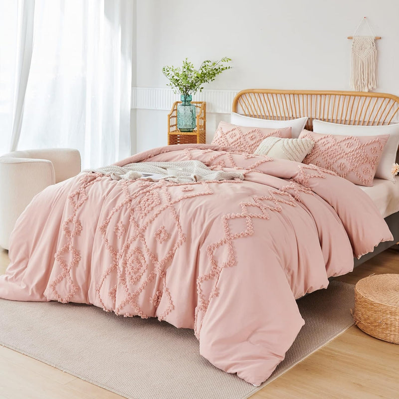 3Pcs Beige Tufted Comforter Set Full Size, Shabby Geometric Tufted Jacquard Be