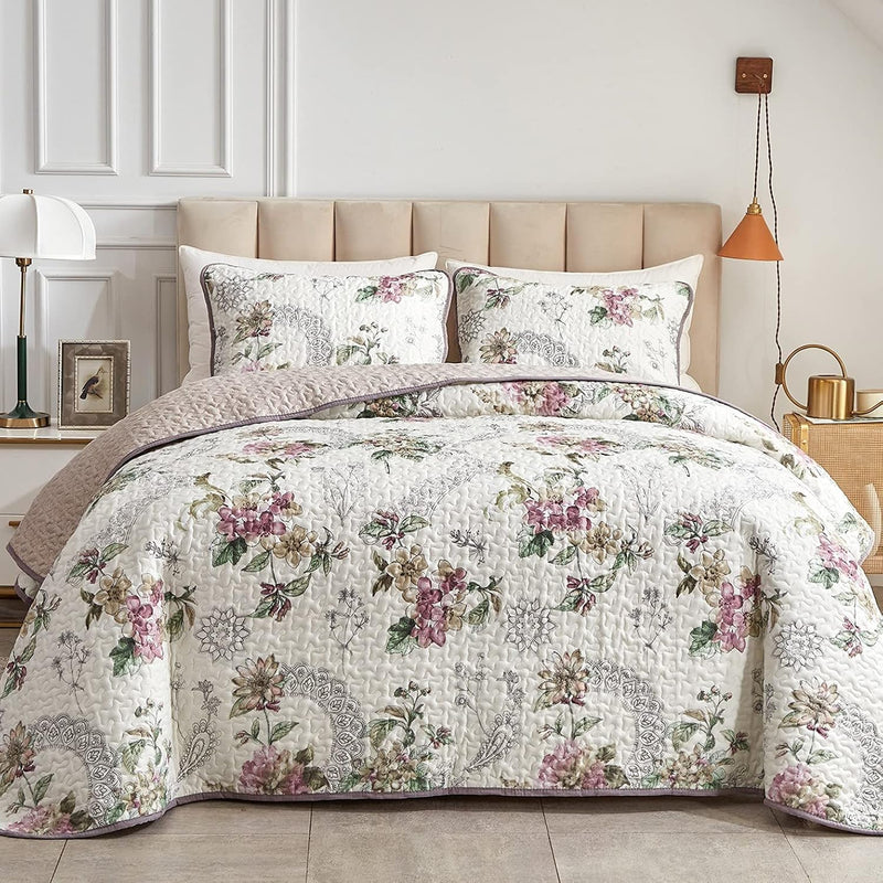 2 Pieces Quilt Set Twin Size, Beige Floral Reversible Bedspread Coverlet Set,
