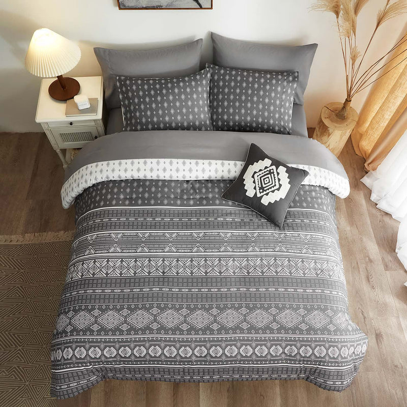 Queen Comforter Set Grey 8 Piece, Boho Comforter Set Queen Reversible Folklori