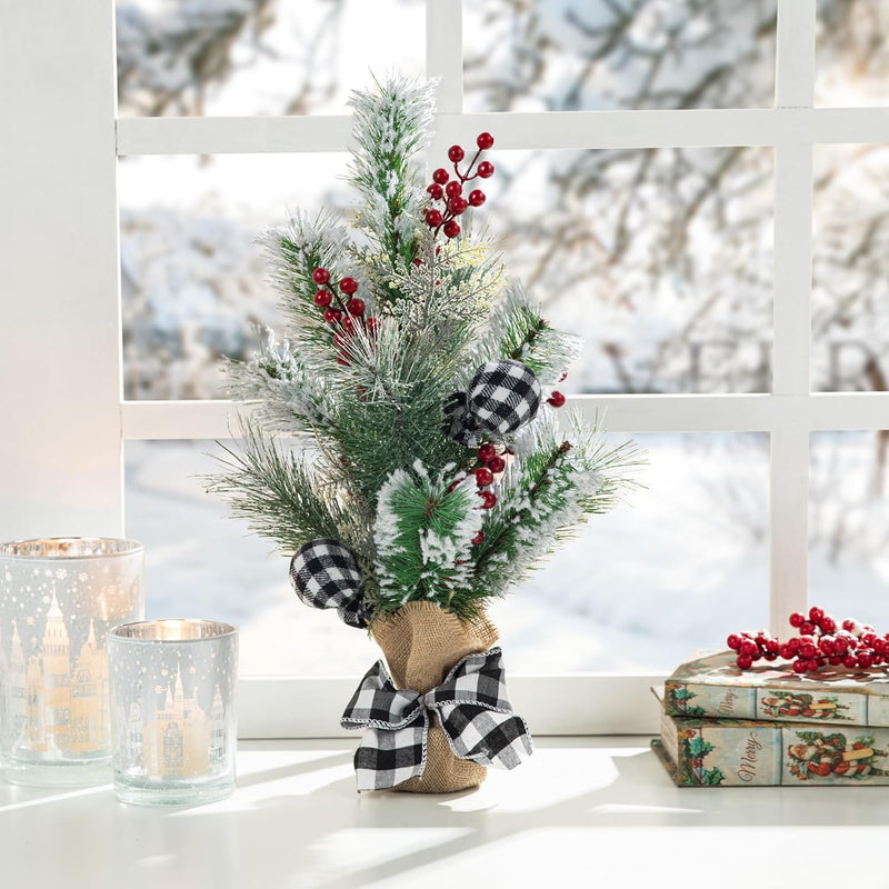 21”H Christmas Flocked Pine Berries Table Tree With Burlap Base, Decorative Pi