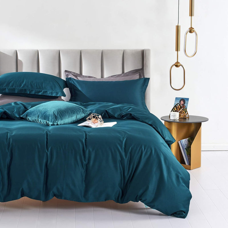 Queen Duvet Cover Set Peacock Blue 100% Egyptian Cotton Comfortable Quilt Cove