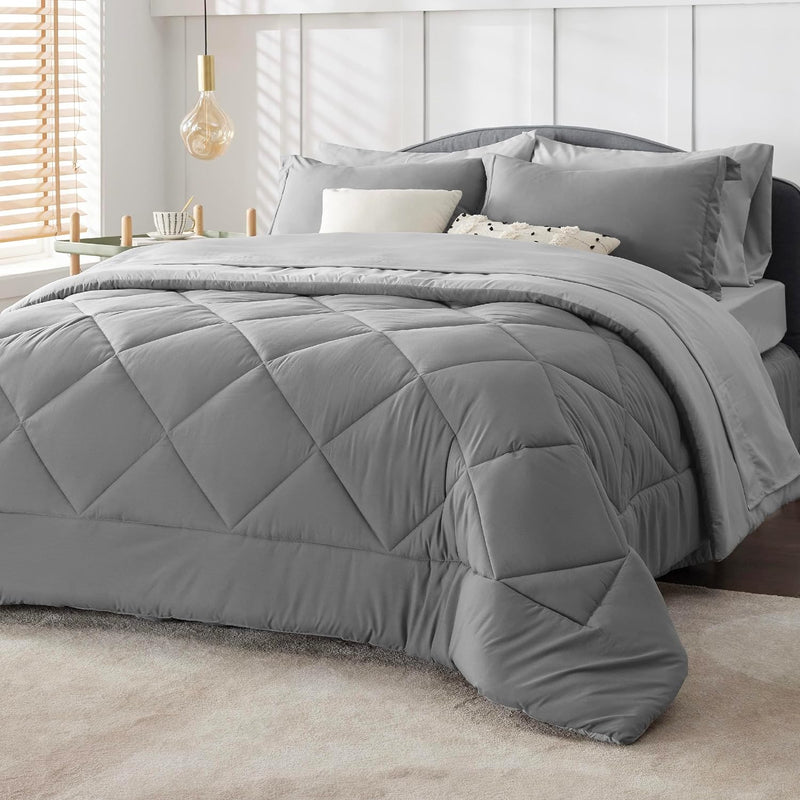 King Size Comforter Set - 7 Pieces Reversible King Bed In A Bag, King Bed Set With Comforters, Sheets, Pillowcases & Shams, Grey King Bedding Set