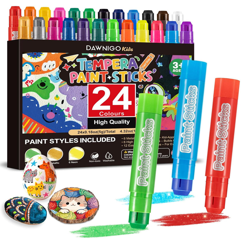 24 Pack Tempera Paint Sticks for Kids, Washable, Non-Toxic & Quick Drying