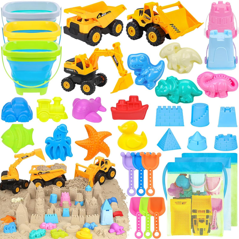 Beach Toys, 35Pcs Sand Toys, Sandbox Toys With 3 Truck 3 Collapsible Beach