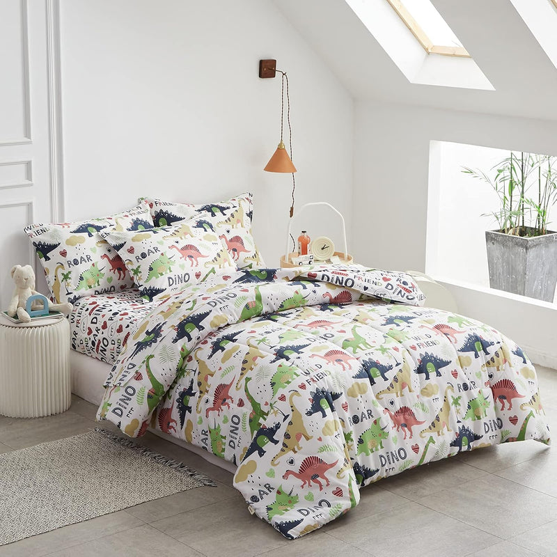 6 Piece Twin Size Bed In A Bag, Colorful Dinosaur On White Design, Microfiber