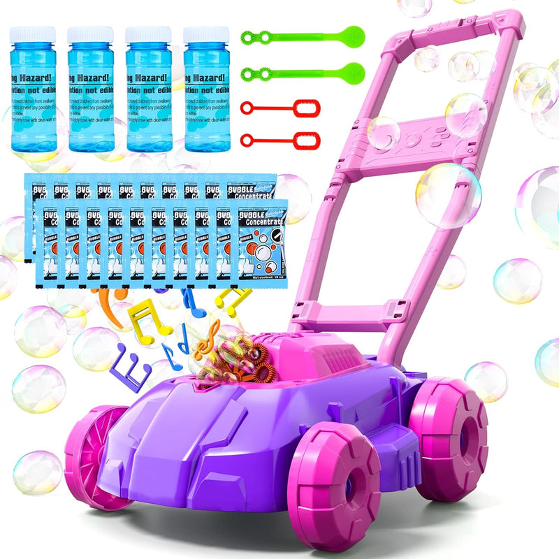 Bennol Pink and Purple Bubble Lawn Mower for Toddlers, Kids Automatic Bubbl