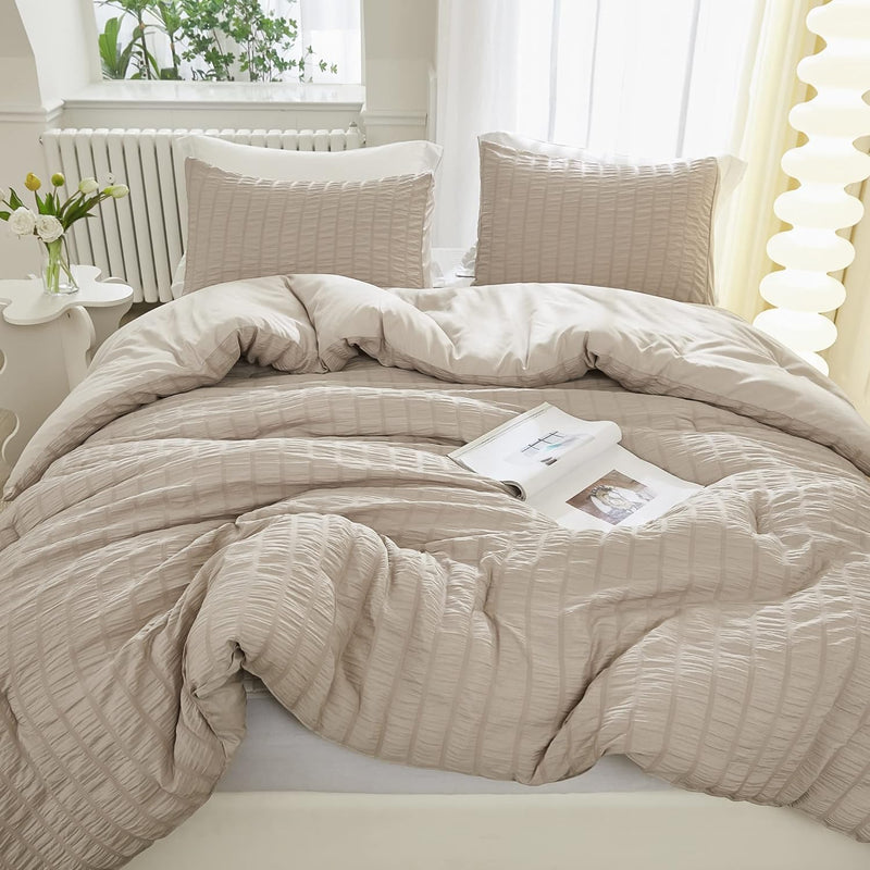 Queen Comforter Set Beige, 3 Pieces Lightweight Seersucker Bedding Comforters
