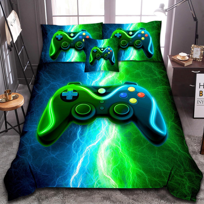 6 Pcs Gaming Comforter Sets For Boys, Blue Green Lightnings Bed In A Bag Full