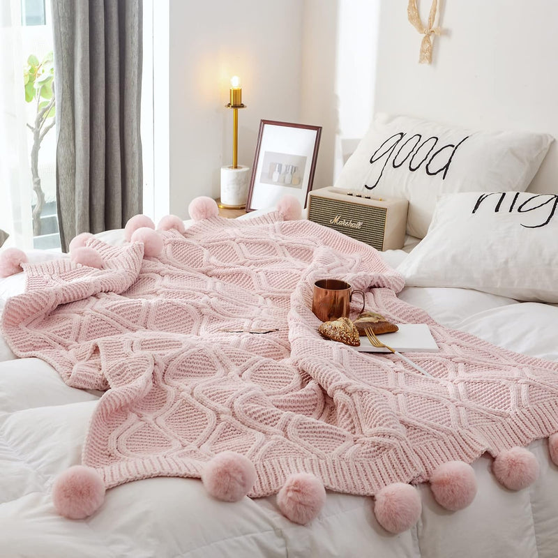 Pom Pom Throw Blanket, Pink Microfiber Soft Warm Handmade Knit Throw Blankets