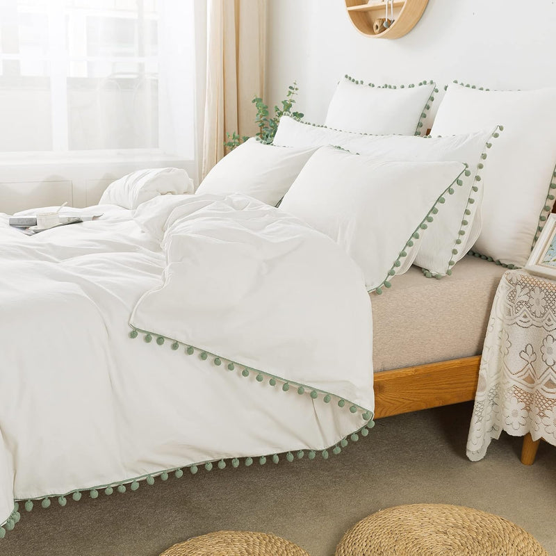 Bohemian Bedding Twin Vintage Pom-Fringe Pompom Duvet Cover 3 Pcs Boho Quilt C