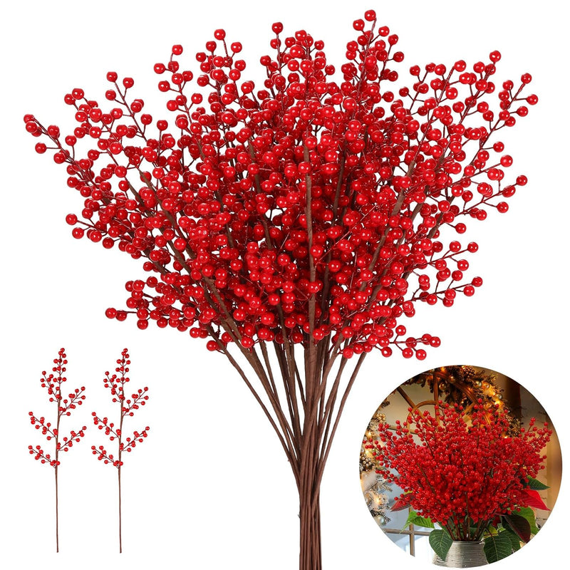 24 Pcs 26Inch Artificial Berry Stem Christmas Long Red Berry Picks Frosted Hol