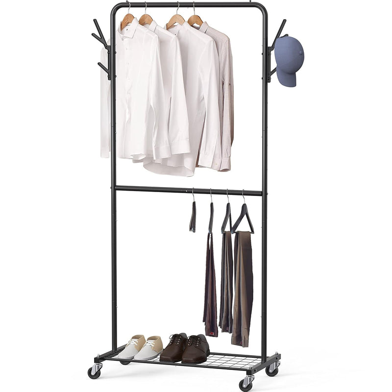Double Rod Garment Rack With Wheels And Hooks, Black