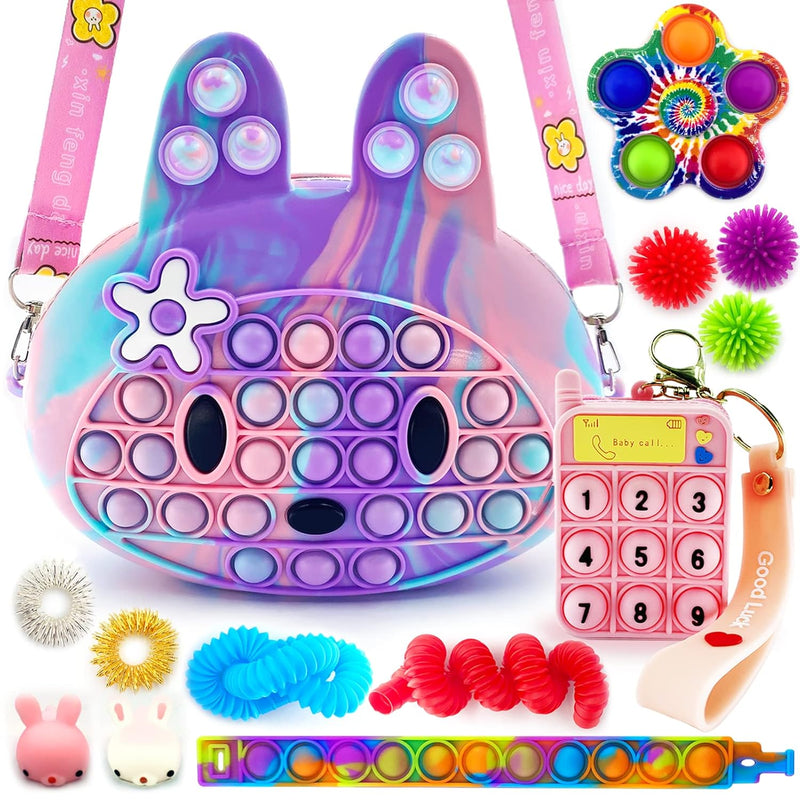 Pop Crossbody Purse Bags Fidget Toy Pack, Bunny Shoulder Bag Mini Sensory Toys