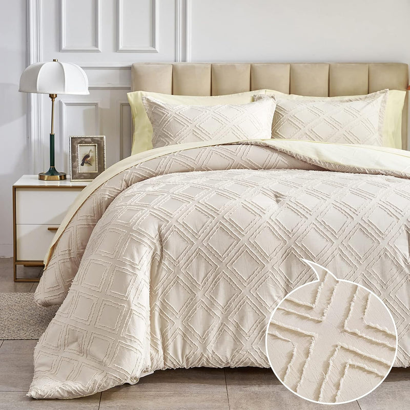 Beige Tufted Bed In A Bag 7 Pieces King Size, Soft And Embroidery Shabby Chic
