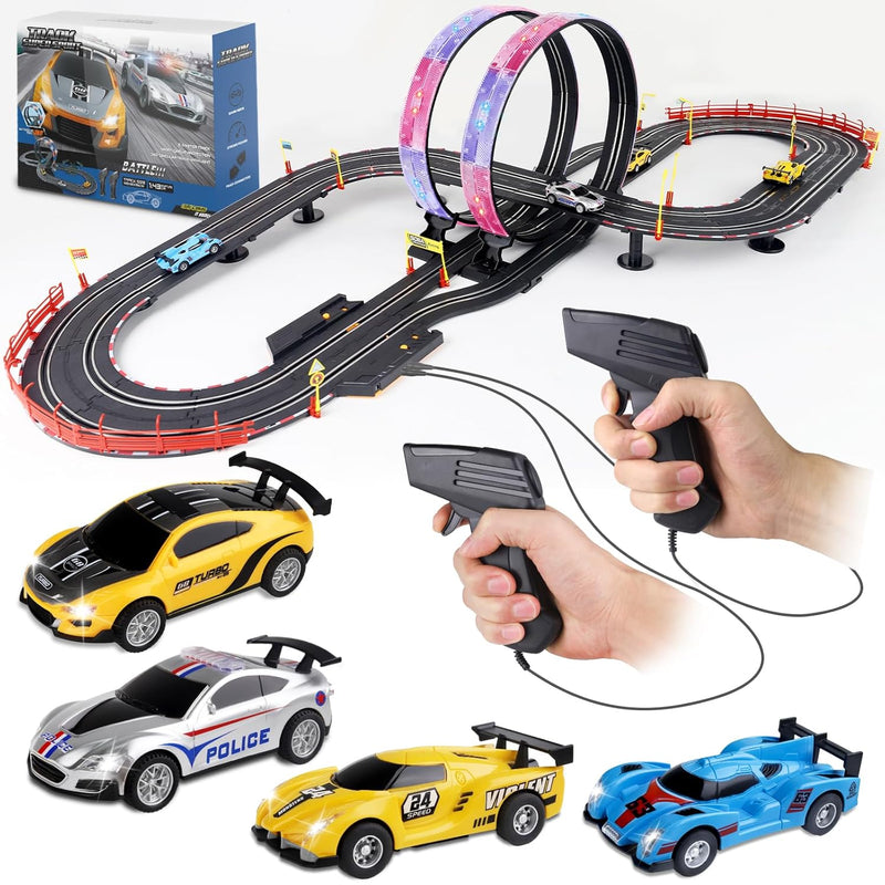 Slot Car Race Track Sets, 19Ft Electric Track With Led Lights And 4 Slot Ca