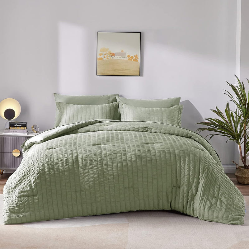 Twin Bed In A Bag Sage Green Seersucker Textured Comforter Set With Sheets 5-P