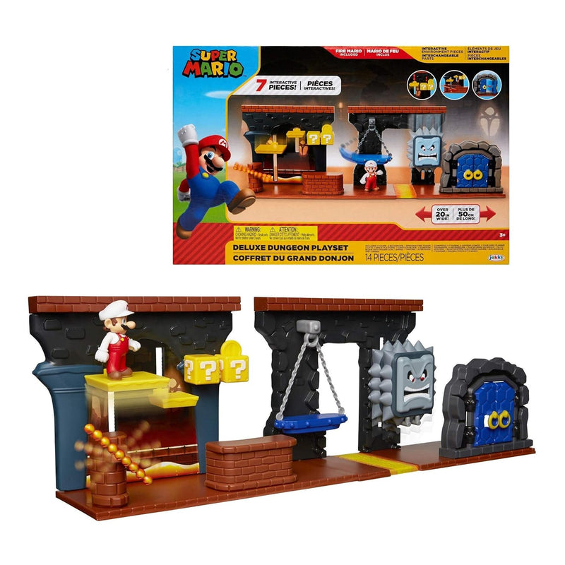 Nintendo Dungeon Deluxe Play Set, Includes: 2.5” Fire Mario Figure & 7 Interactive Environmentpiece Moving Platforms & Thwomp, Spinning Fire Balls, Hidden Coin, Swing, & Door