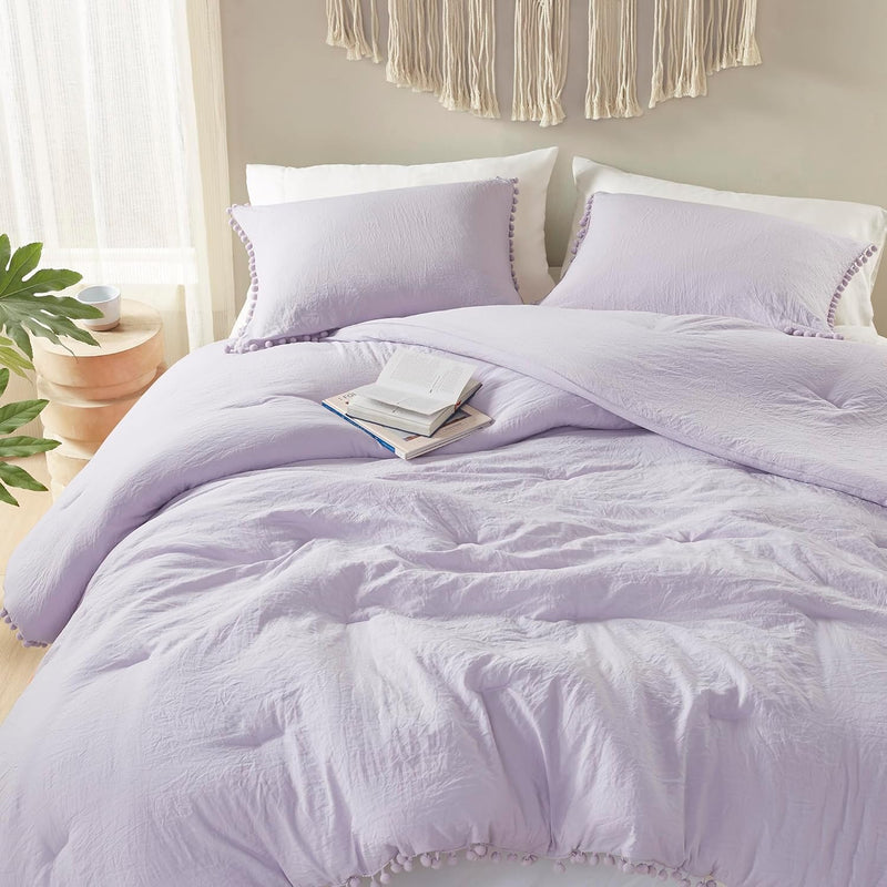 Lavender Purple Boho Full/Queen Comforter Set, Aesthetic Pom Fringe Bedding Fo
