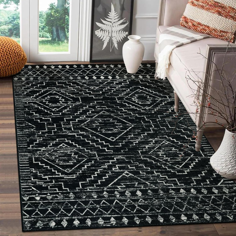 Moroccan 3X5 Rug,Black Washable Small Rug For Bedroom,Non-Slip Geometric Triba