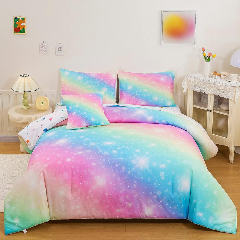 6 Pcs Bed In A Bag Glitter Galaxy Comforter Set Twin Size, Ombre Pink Rainbow