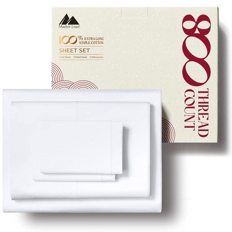 800-Thread-Count 100% Pure Cotton Sheets - Hotel Style Egyptian Feel White Kin