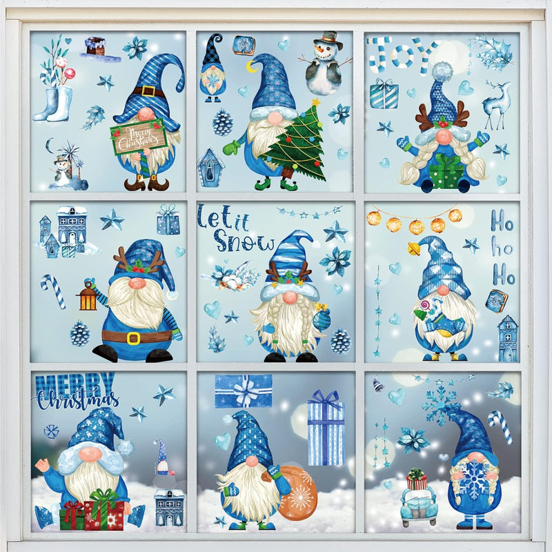 9Pcs Winter Window Stickers Watercolor Style Blue Gnomes Christmas Window Deca
