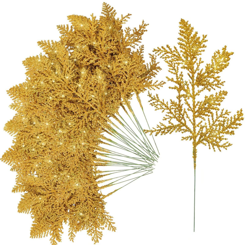 22Pcs Christmas Tree Picks Sprays, Gold Glitter Artificial Pine Needles Faux C