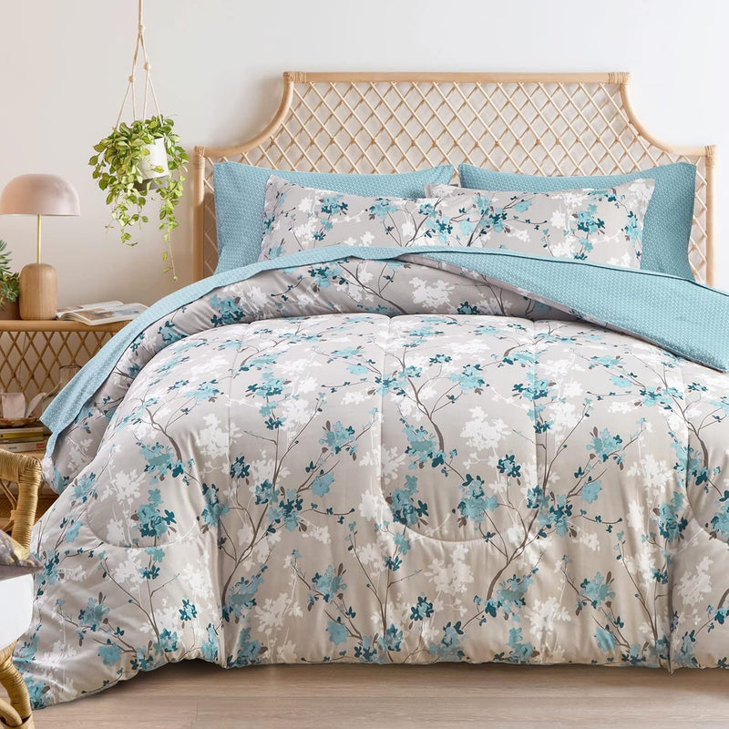 Gray Botanical Bed In A Bag Queen Size 7 Pieces, Aqua Grey Leaves Elegant Flor