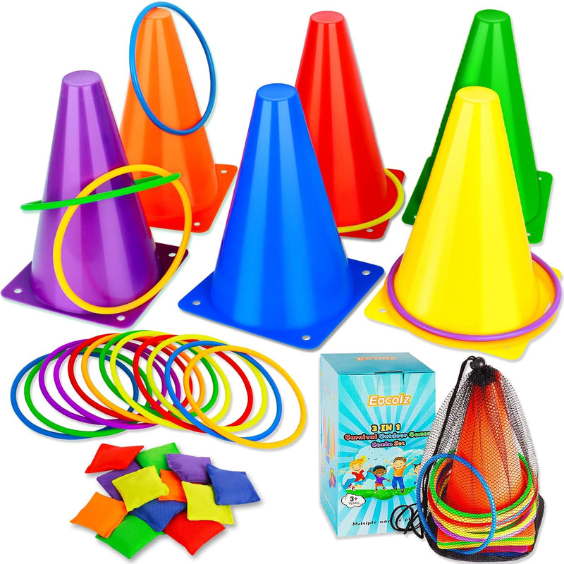 3 In 1 Carnival Games Set, Soft Plastic Cones Bean Bags Ring Toss Games For