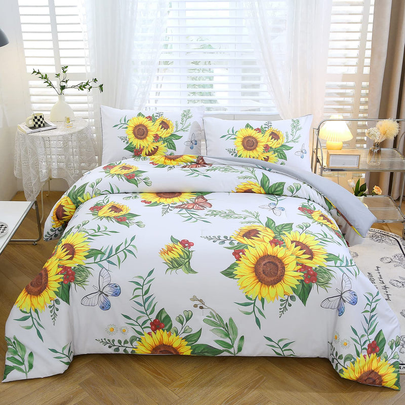 Sunflower King Size Comforter Set Yellow Floral 3-Pieces White King Bedding Se