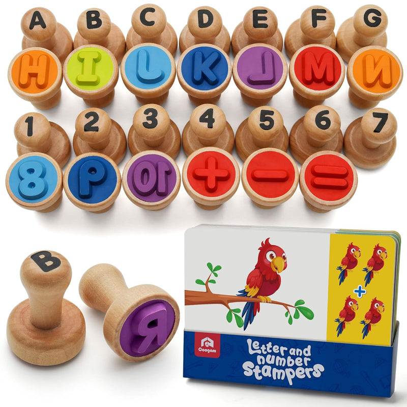 Coogam Wooden Alphabet Number Stamp Flashcard, ABC Spelling Letter Stampers