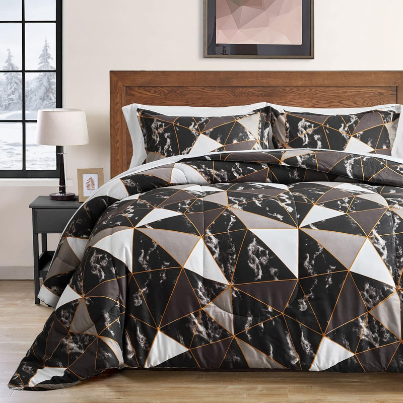 Modern Marble Bed In A Bag 7-Pieces Queen For Women, Gray Black And White Tria