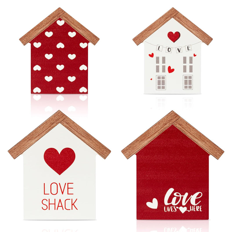 4Pcs Valentine House Shaped Wooden Tiered Tray Sign Table Decor, Happy Valenti