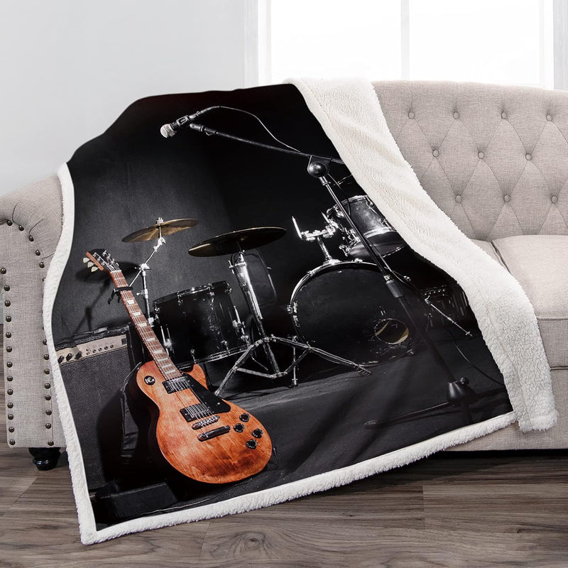 Guitar Drum Kit Sherpa Blanket Rock Music Themed Warm Cozy Soft Throw Blanket