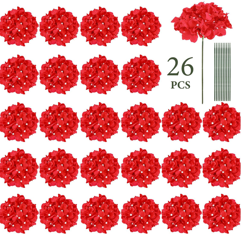 26 Pcs Hydrangea Artificial Flowers, Red Fake Hydrangea Flowers With Stems, Ar