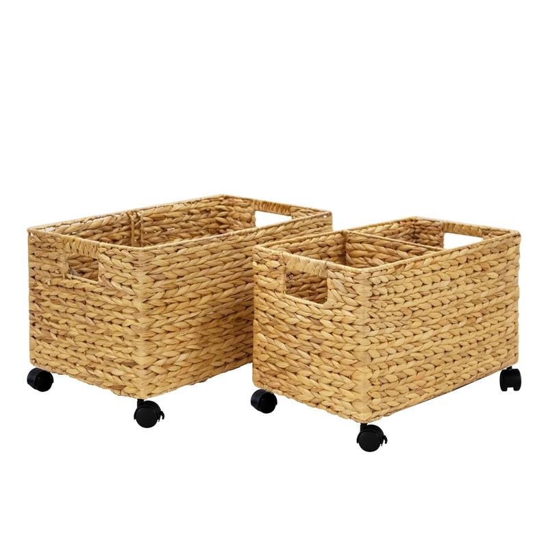 Set 2 Natural Wicker Storage Baskets On Wheels (Water Hyacinth-Fishbone Weaving)