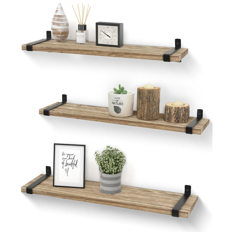 Wood Floating Shelves Bathroom Wall Mounted, 24 Inch Light Rustic Farmhouse Na