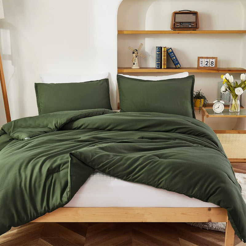 Dark Olive Green Comforter Set Queen, 3 Pieces Boho Solid Bedding Comforter Se