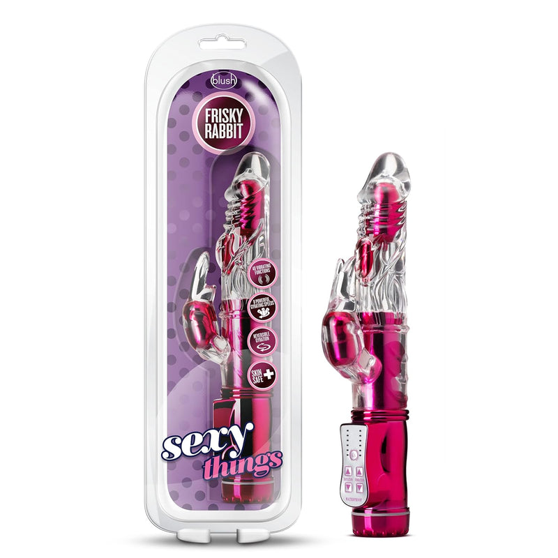 Blush 9" Frisky Rabbit Vibrator For Women Pleasure, Bunny Clit Stimulator - 48 Function Gyrating Shaft, 3 Vibration Points, Reversible Rotation, Soft Body-Safe Tpe - Sexy Things Adult Toy - (Pink)