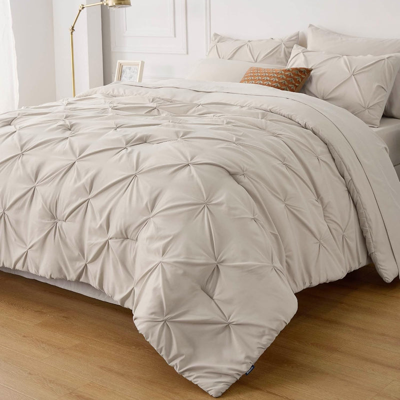 King Size Comforter Set - Bedding Set King 7 Pieces, Pintuck Bed In A Bag Beig