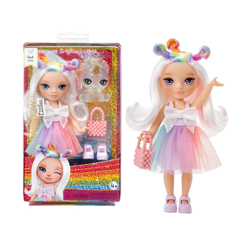Littles Opal Raine, Rainbow 5.5" Posable Small Doll With Purse, Magical Pet