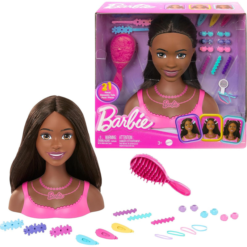 Barbie Doll Styling Head, Brown Hair with 20 Colorful Accessories, Doll Hea
